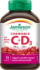 Jamieson Vitamin C 500 mg + D 500 IU tablete za žvakanje s okusom trešnje